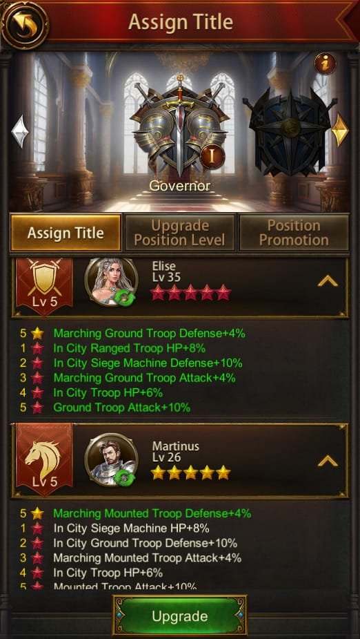 Appoint higher star-level generals in Senate will unlock more buffs